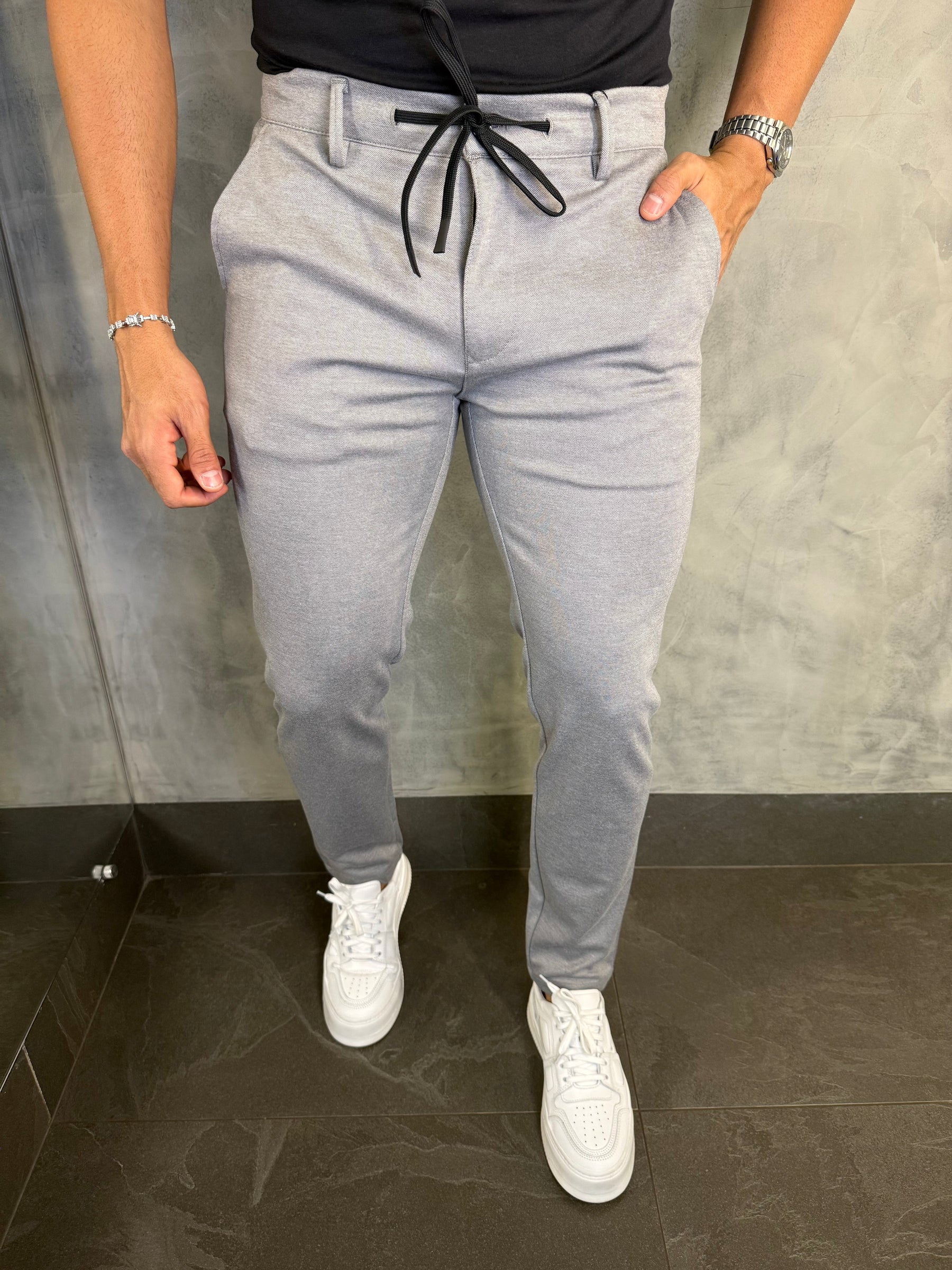 CALÇA ALF. SKINNY MALHA C/ CADARÇO PONTO H CINZA